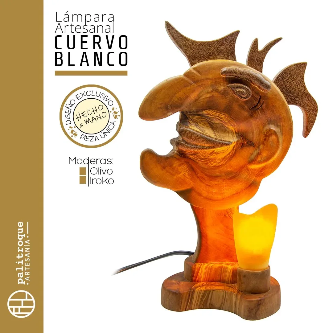 Lámpara Artesanal Cuervo Blanco - Palitroque Artesanía - Lámpara Escultural - Iluminación - Presentación