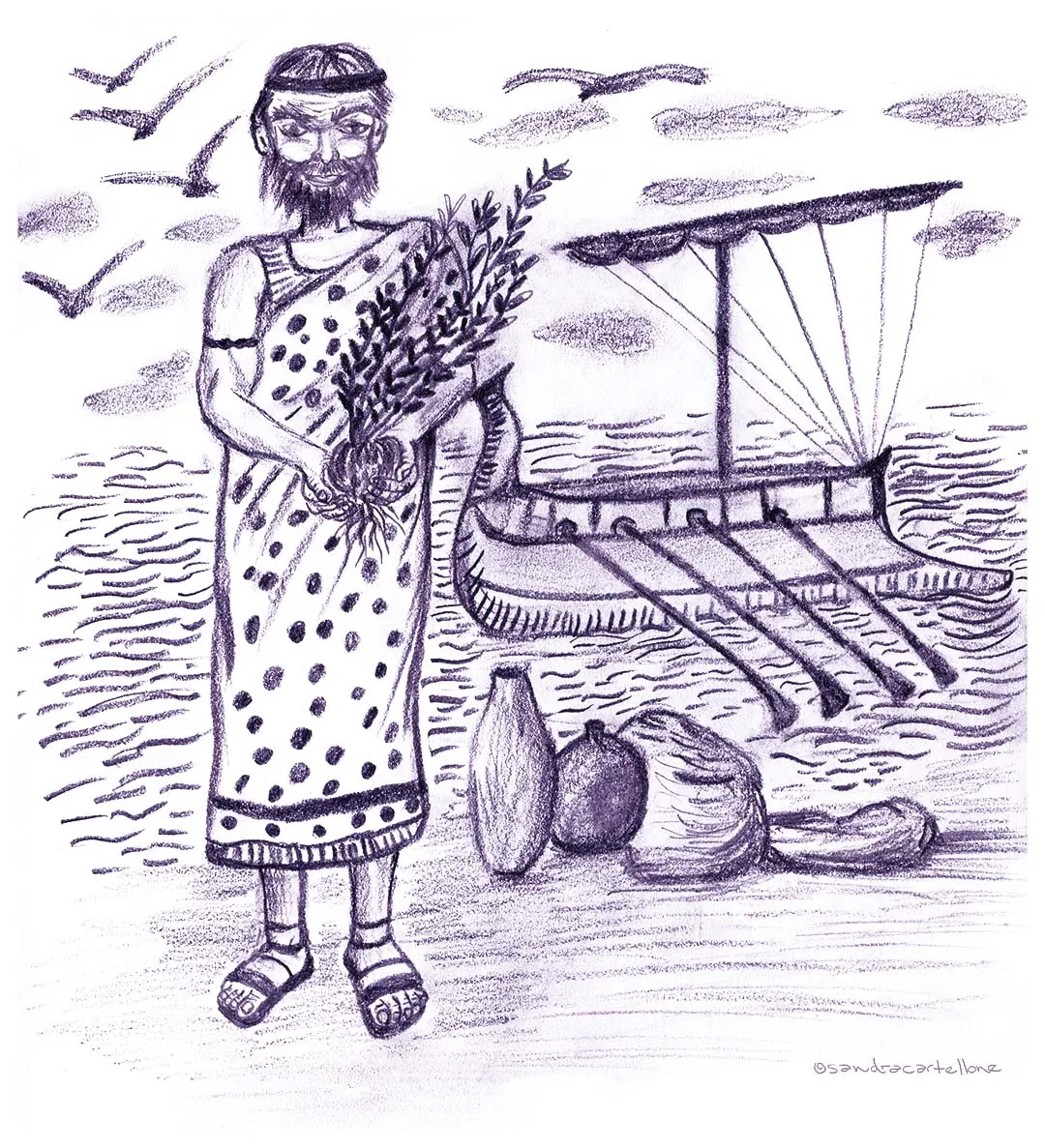 Orígenes del Olivo - Palitroque Artesanía - Fenicios - IIustrado por Sandra Cartellone Orígenes del olivo - Los fenicios trajeron en barco desde Oriente el olivo domesticado. Ilustración de Sandra Cartellone para Palitroque Artesanía.