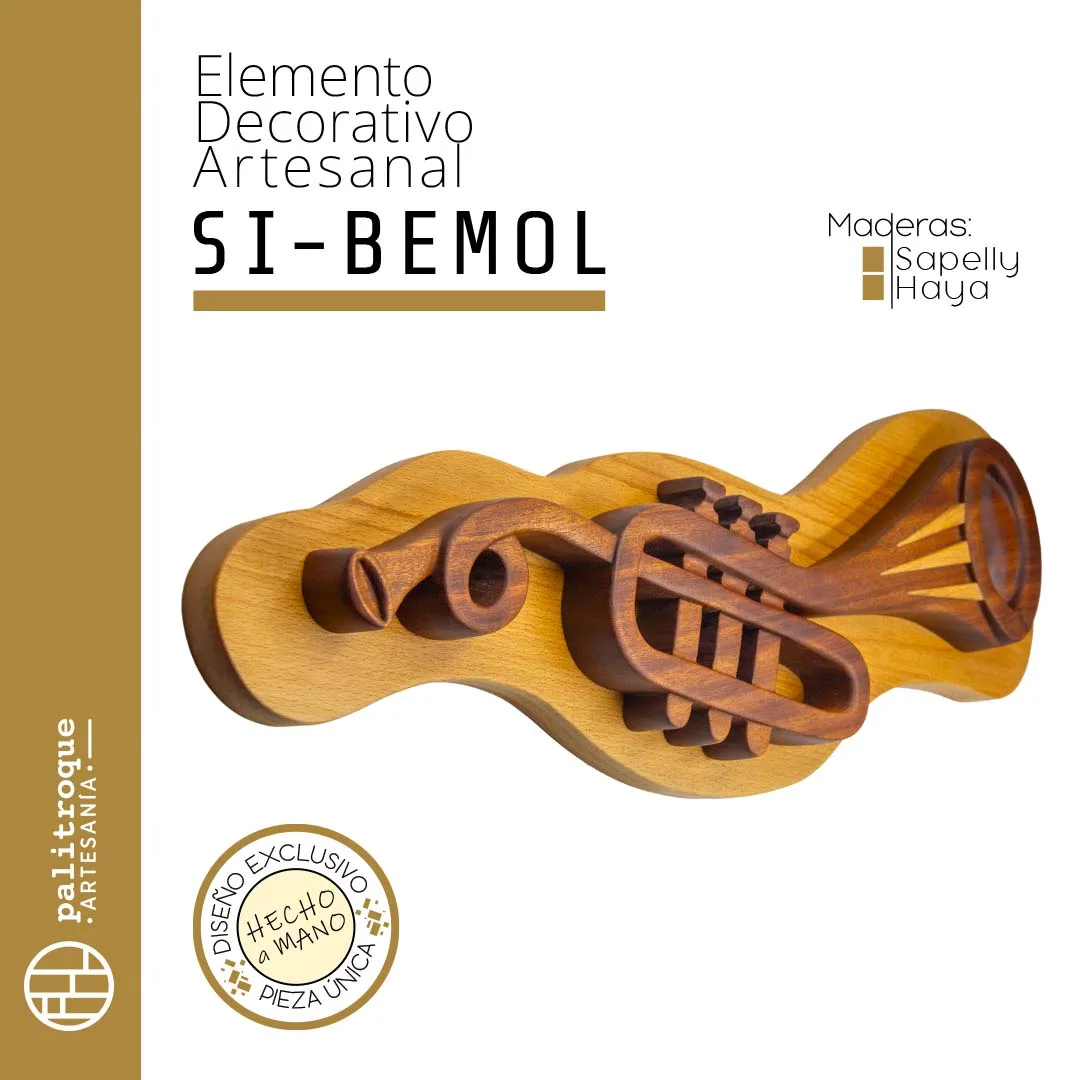 Elemento Decorativo Artesanal - Colección Musical - Si-Bemol - Trompeta - Palitroque Artesanía - Presentación