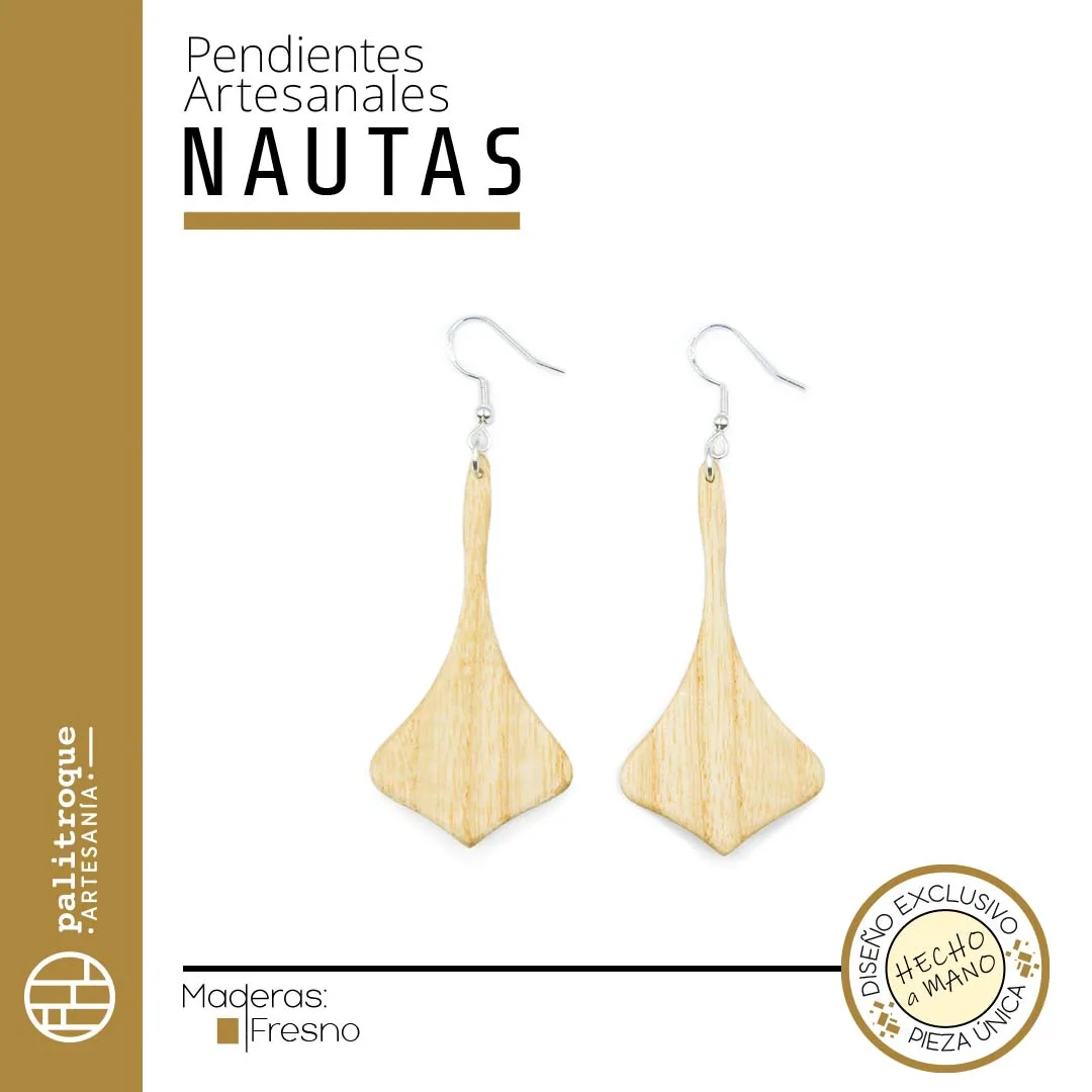 Pendientes artesanales Nautas de Madera de Fresno - Palitroque Artesanía - Presentación